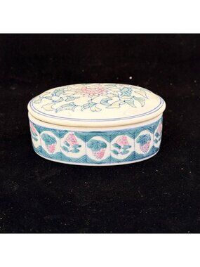 Vintage China Porcelain Trinket Box Painted with Lid Oval Floral Grapes Design